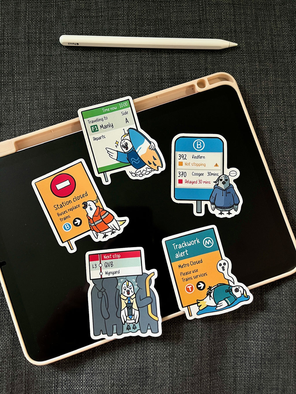 Aussie Commuter Collection stickers on an iPad case